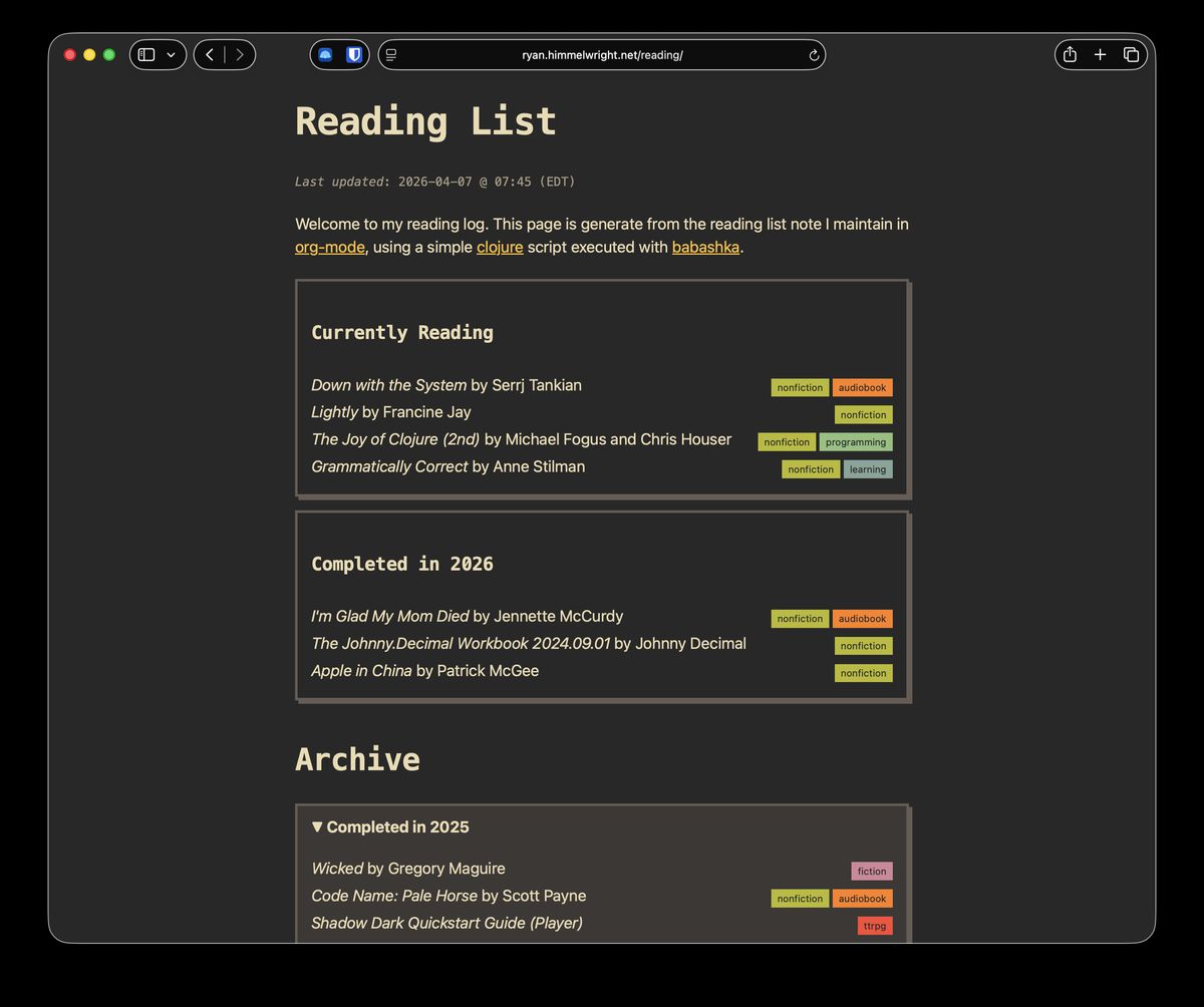 A safari window with the /reading page of this site