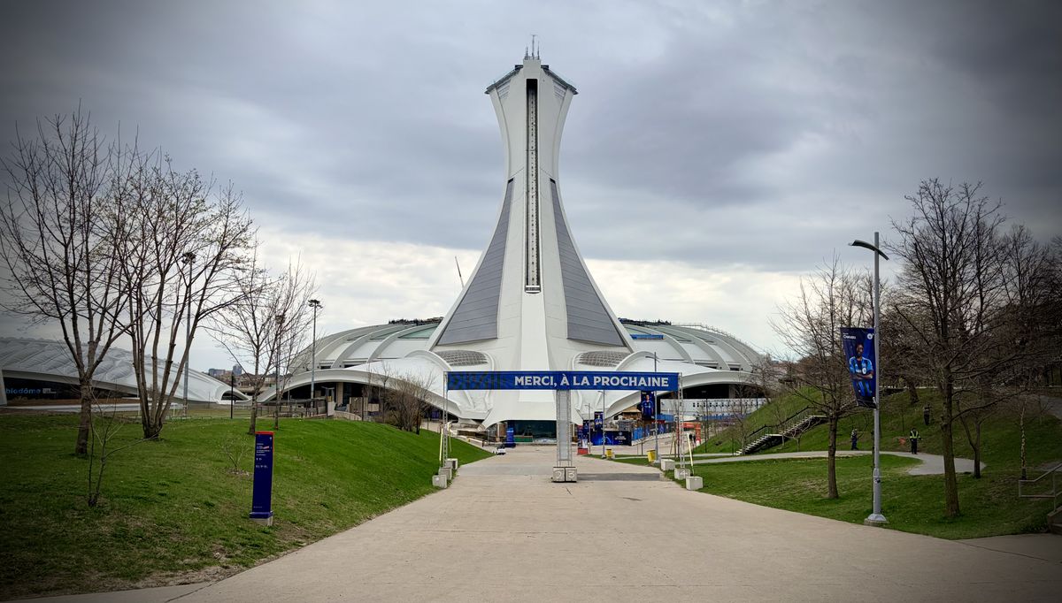 A large tower and walkway in front
