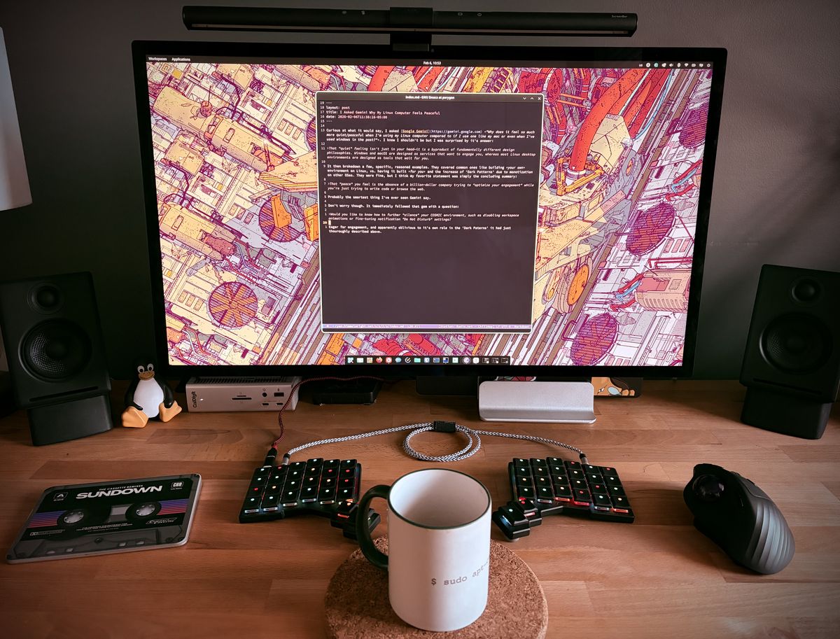 My desk and Linux computer, looking cozy