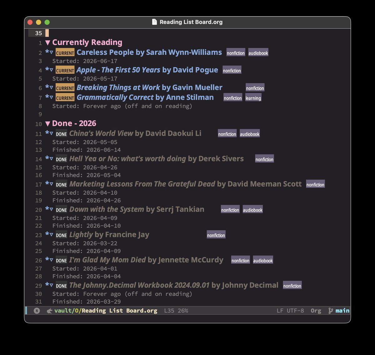 An emacs window with an org-mode file. Each item is a header