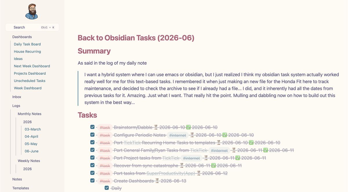 A webpage with table of contents on the left, and an obsidian note looking view on the right, with tasks