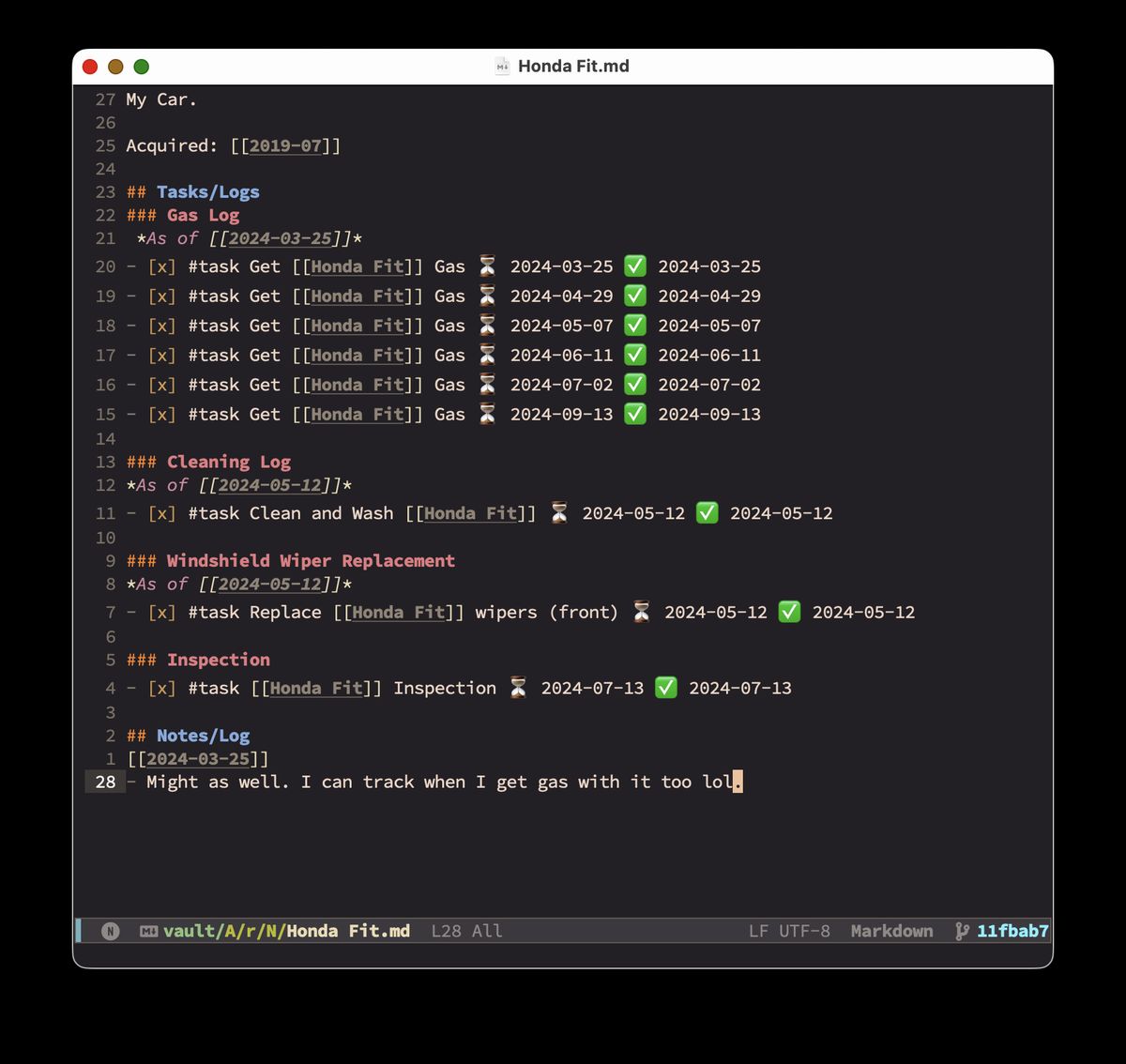 An Emacs buffer with a markdown file containing Obsidian Tasks
