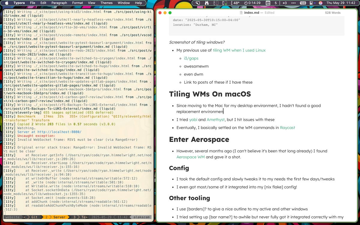 A screenshot of my desktop with tiled windows. A terminal on the left and text editor on the right