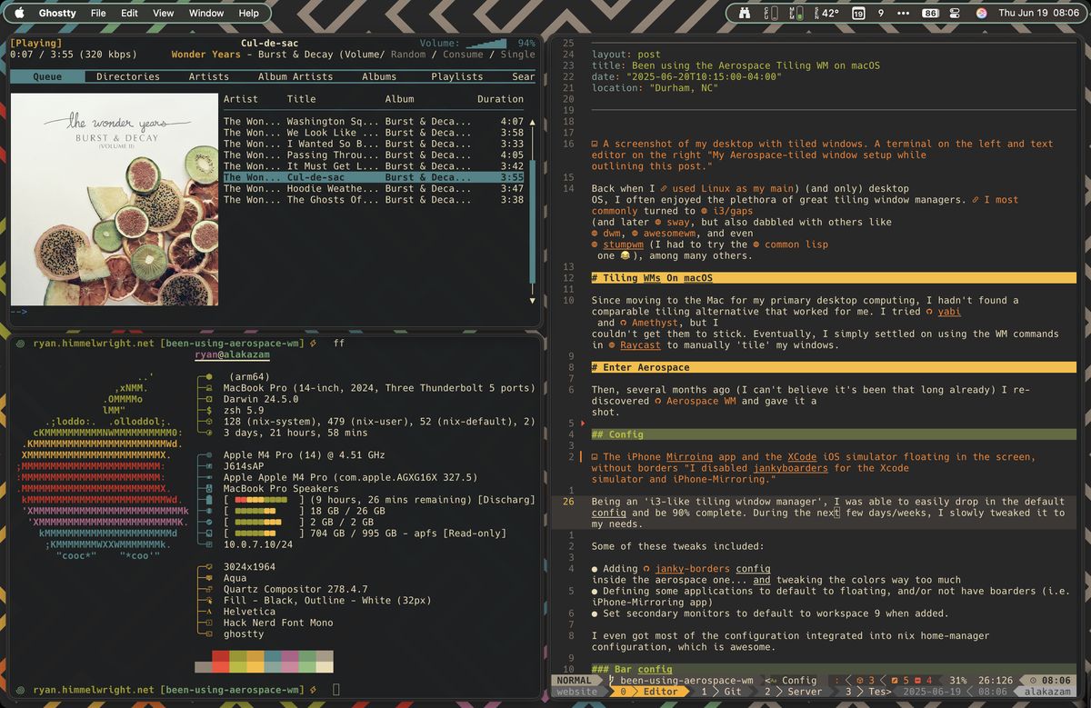 A couple tiled ghostty terminal windows, playing music, displaying fast-fetch stats, and this post's markdown file in neovim.
