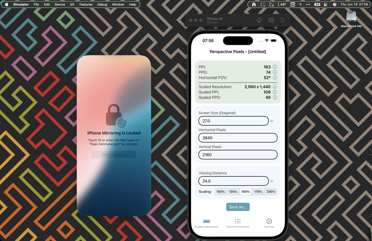 The iPhone Mirroing app and the XCode iOS simulator floating in the screen, without borders