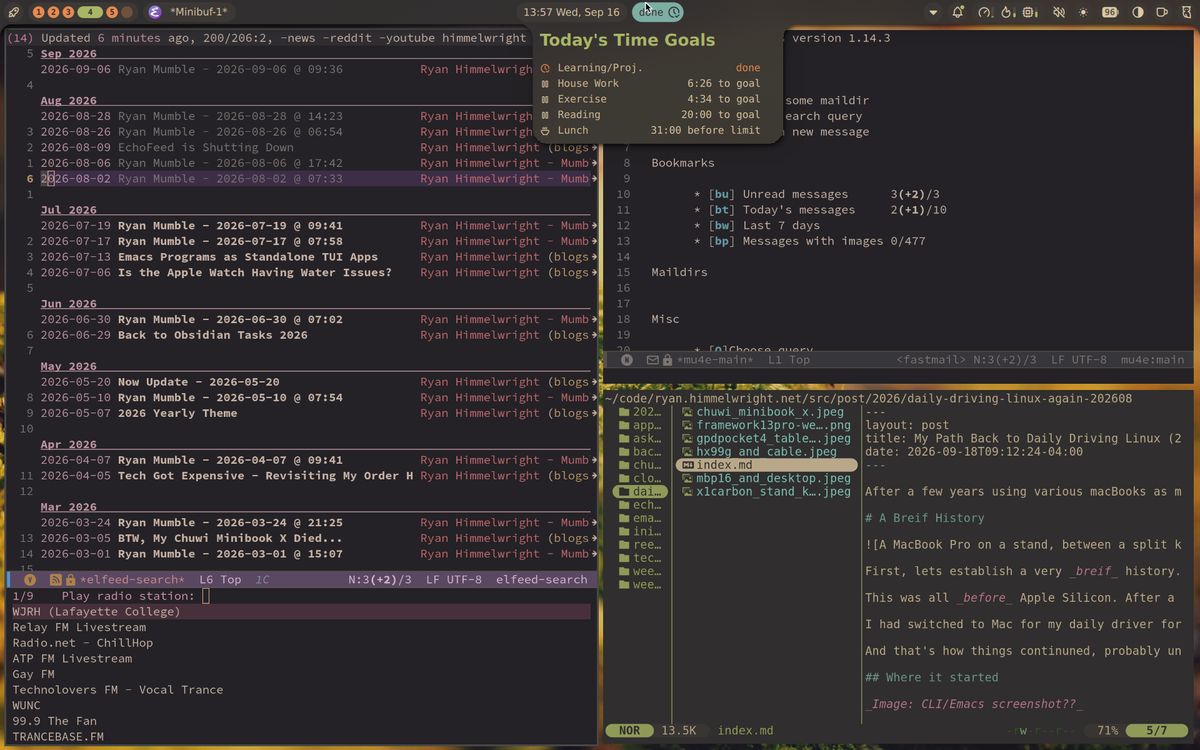 A screenshot with tiled windows: Elfeed in emacs, with eradio prompt, mu4e in another window, and then yazi in a terminal.