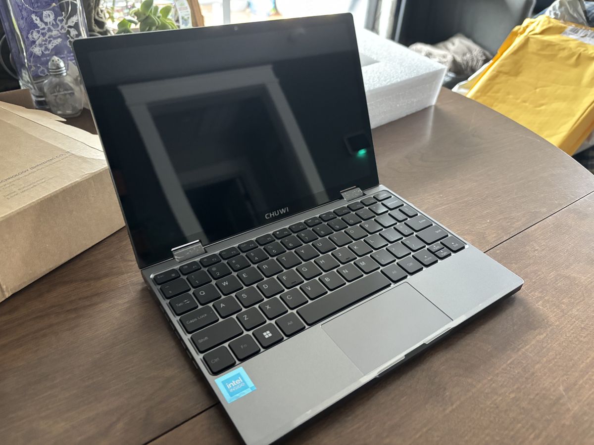 A 10-inch Chuwi Minibook laptop, fresh out of the box