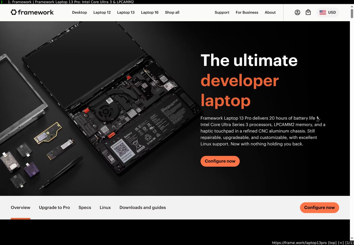 A screenshot of the product web page for the Framework 13 Pro.