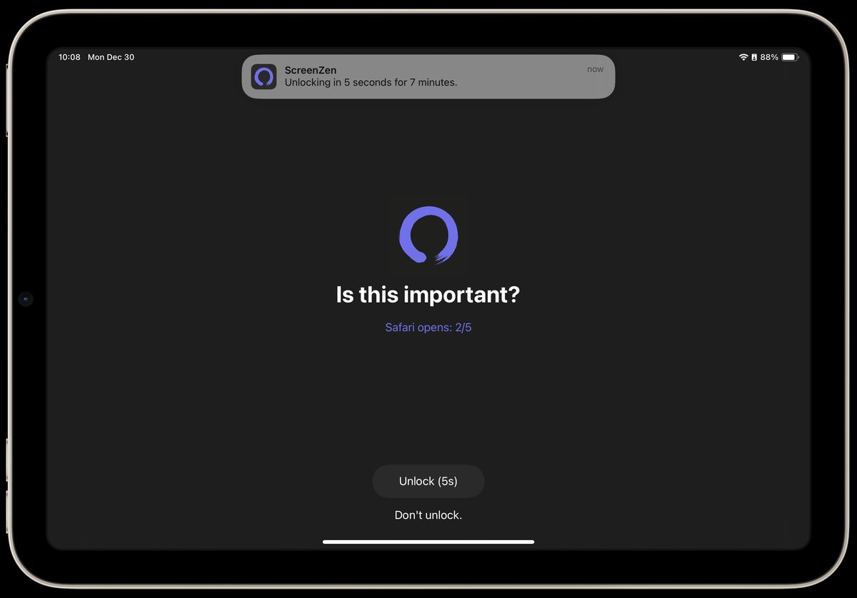 An iPad mini screen showing a screen zen window prompting to unlock Safari, and showing a notification for the unlock