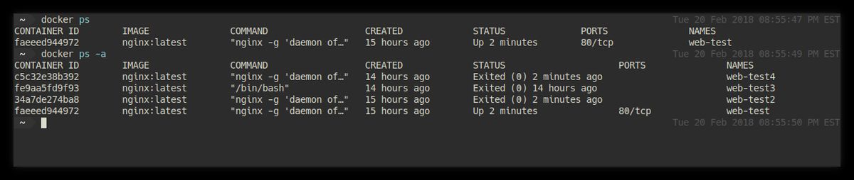 Example of docker ps and docker ps -a commands