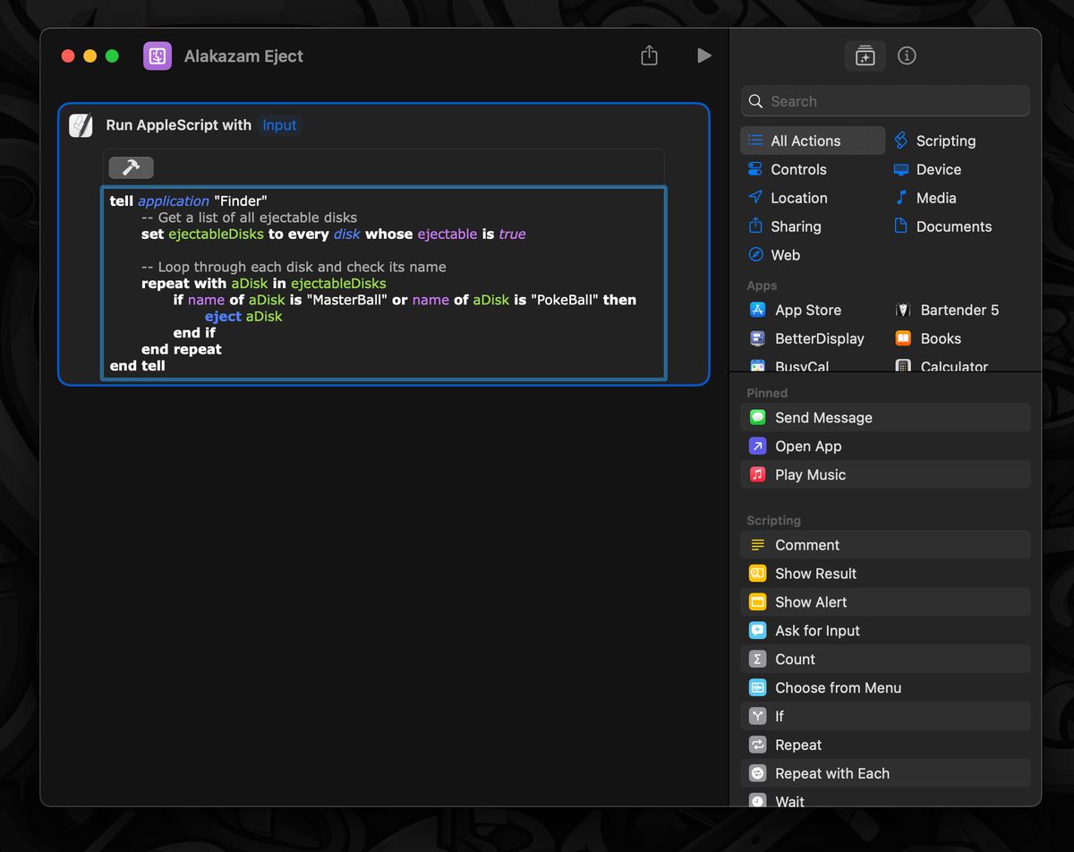 An Apple Shortcuts edit window with an apple script for its only command