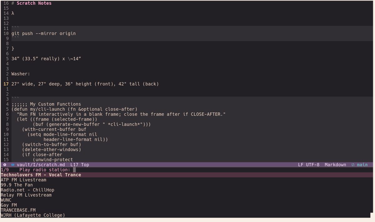 Emacs in a terminal with a scratch buffer and a mini buffer to select an Internet radio station