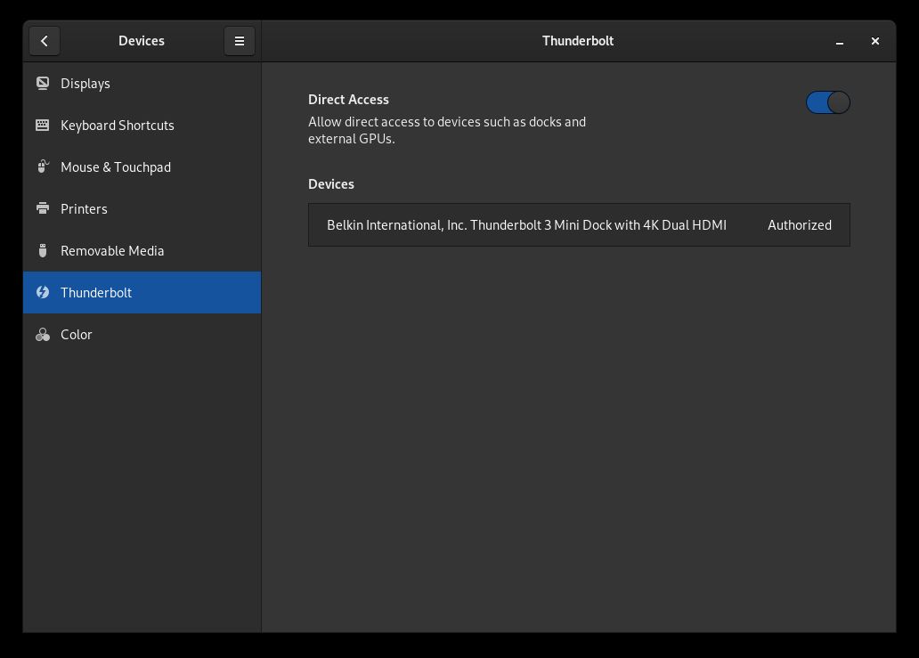 Gnome Thunderbolt Settings