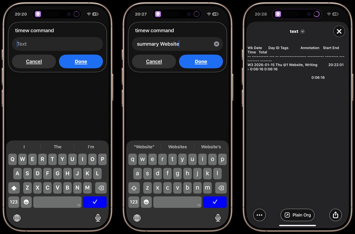 Three iPhone screenshots showing a simple shortcut prompt and then text result
