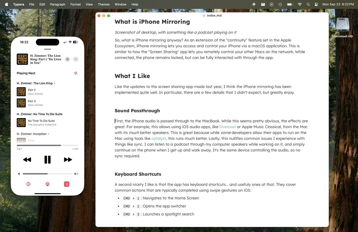 A screenshot of this post's draft and the iPhone Mirroring App opened on the desktop