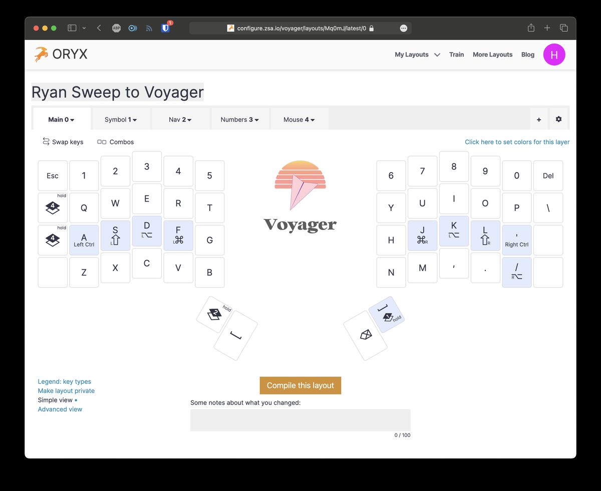 A screenshot of the Oryx layout configurator with the sweep to voyager layout