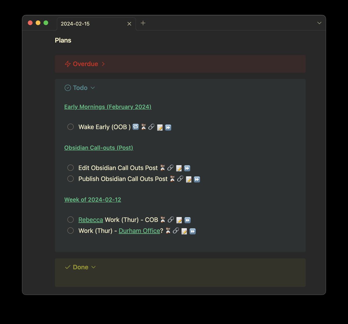 An obsidian note window showing a daily note, with several callout boxes for overdue, todo, and done tasks. The todo window contains several tasks for the day