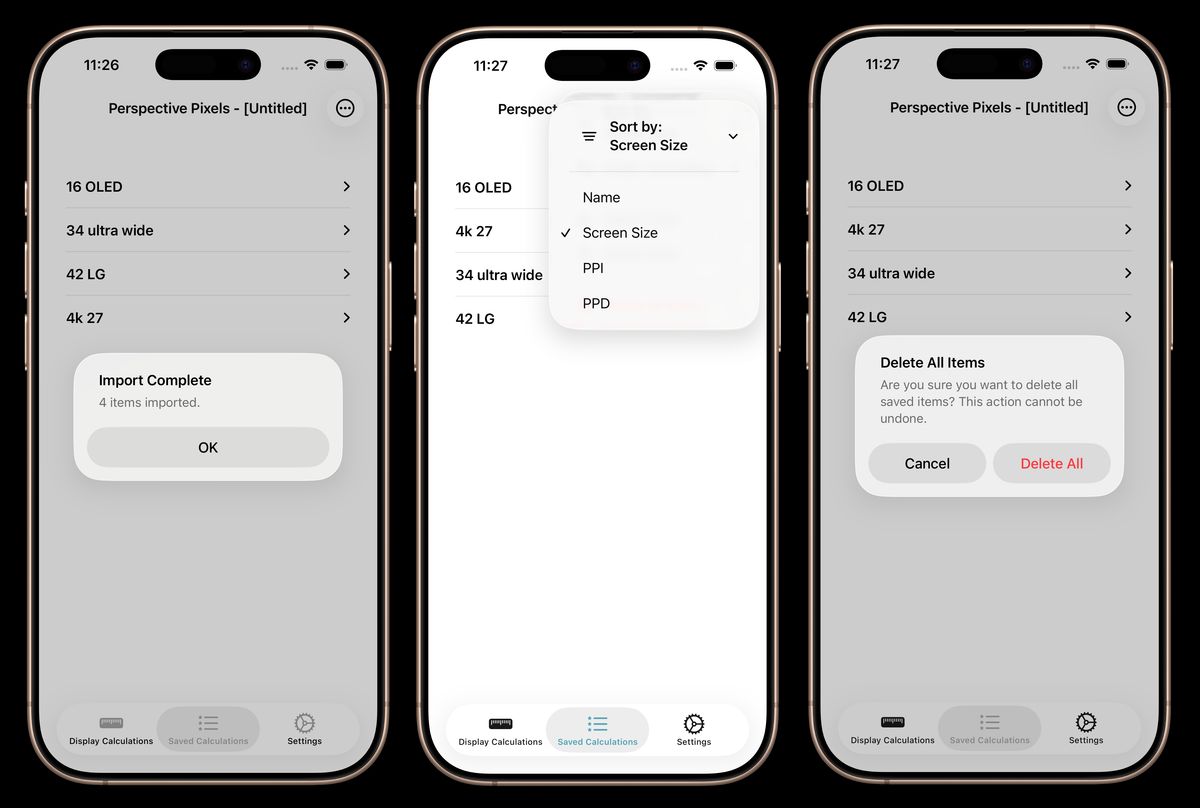Screenshots displaying the import, sorting, and delete all features