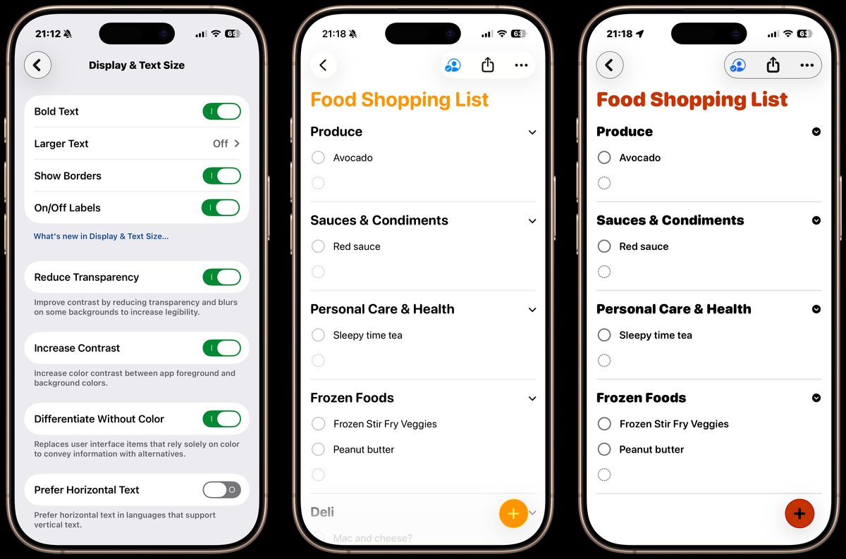 3 iPhone screenshots. First with settings toggles and the other two comparing a screenshot of Apple Notes