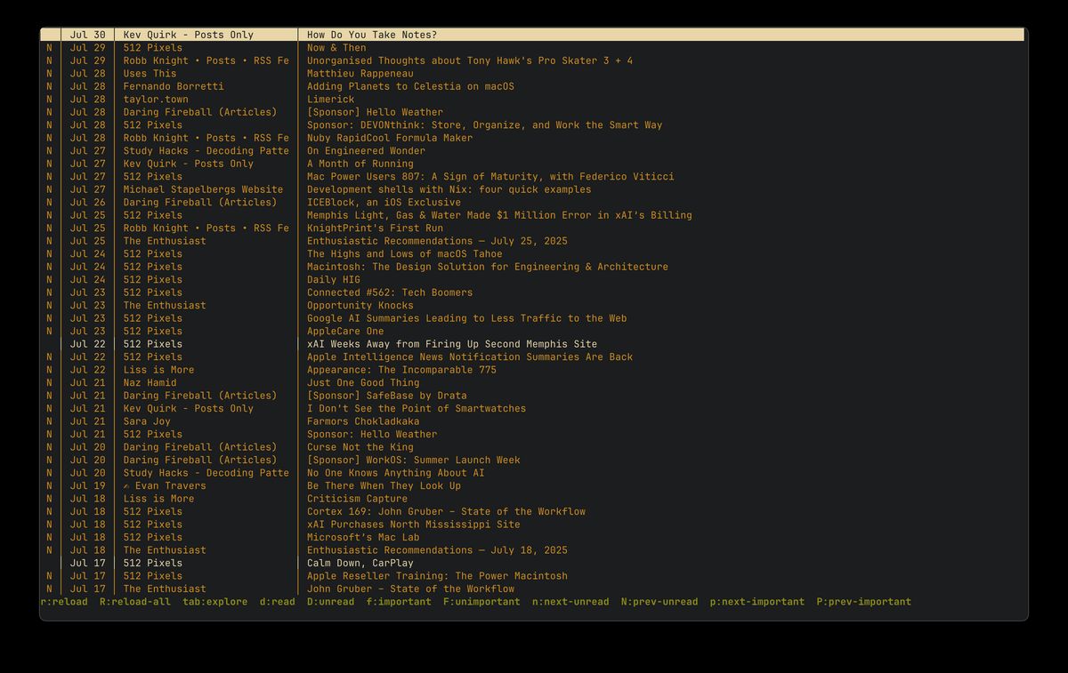 A terminal app with a list of `RSS` articles