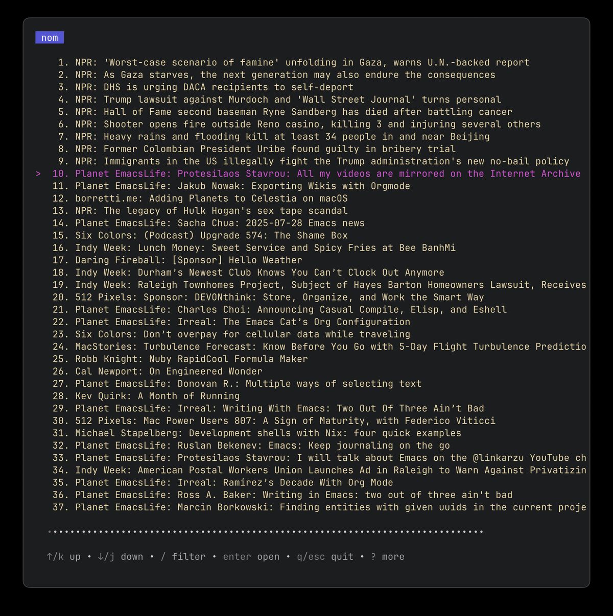 A terminal application (nom) list a bunch of RSS articles