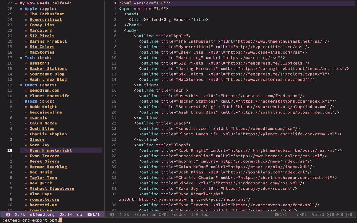 A fullscreen Emacs window, with a thin buffer on the left showing a list of websites in Org Mode. In the right buffer, the exported opml file for the list
