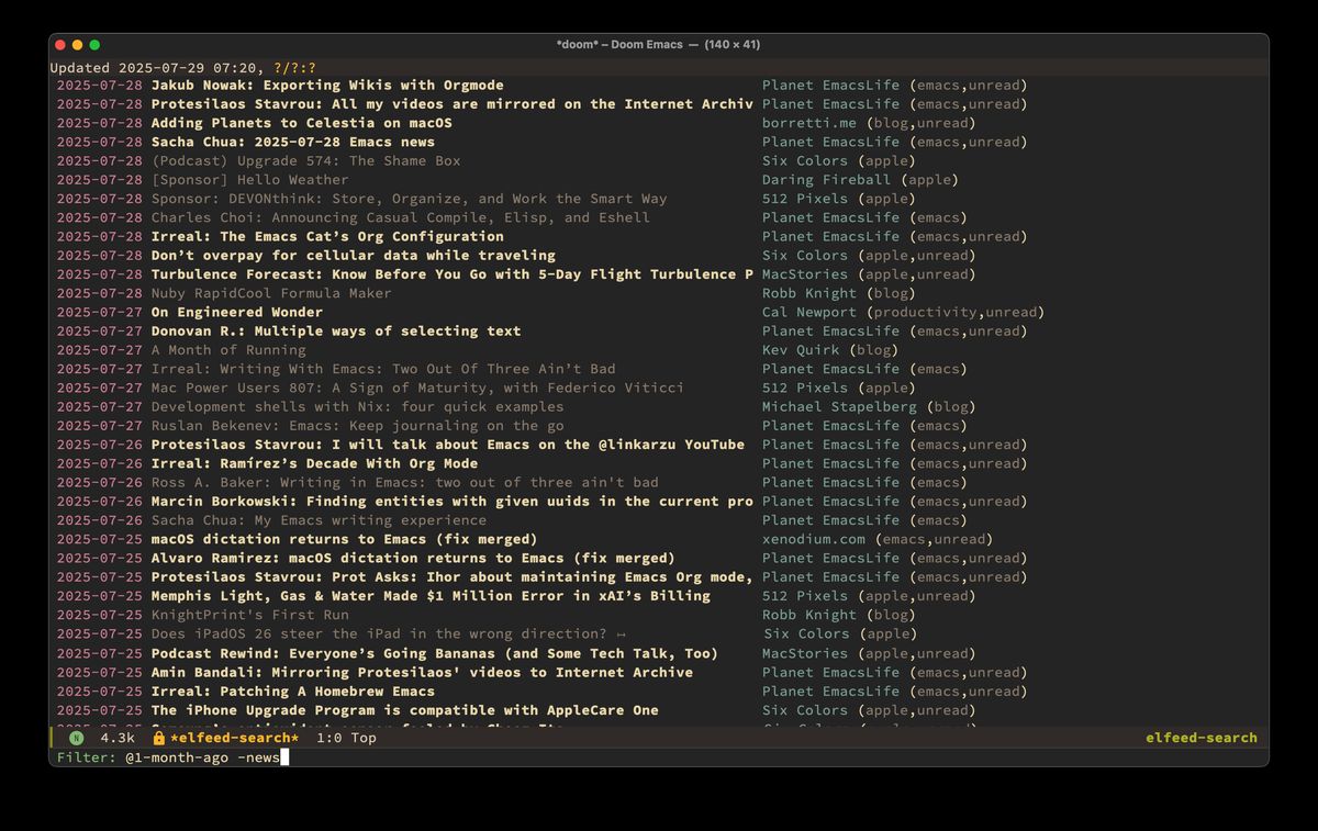 An Emacs buffer with a list of RSS articles, and filter criteria in the mini buffer