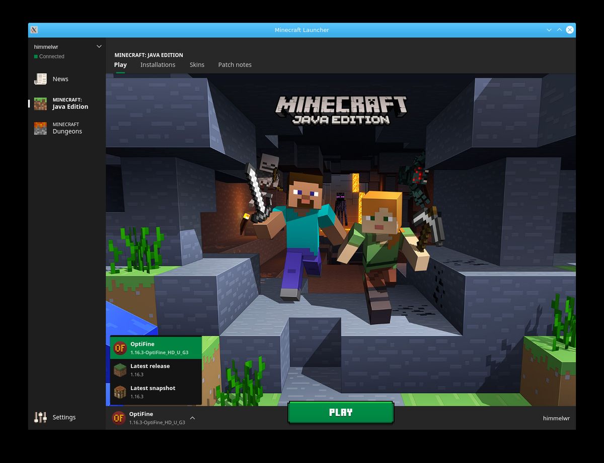 The minecraft launcher, selecting optifine