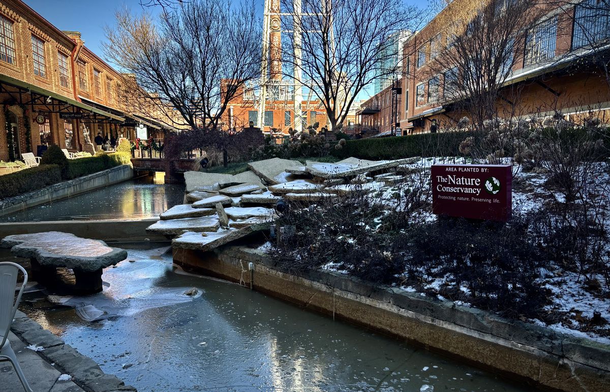 Frozen river in American Tobacco Campus, Durham NC