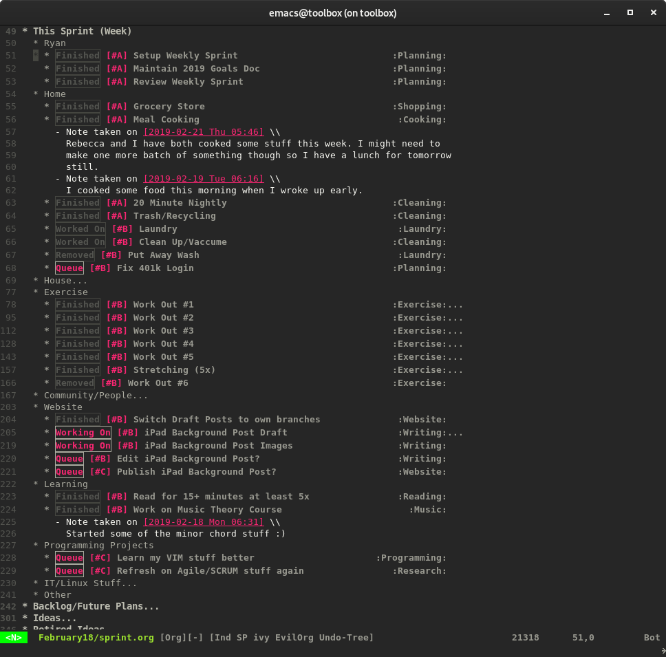 Emacs with a note opened in org-mode.