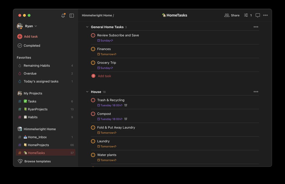 A Todoist window showing the home tasks project