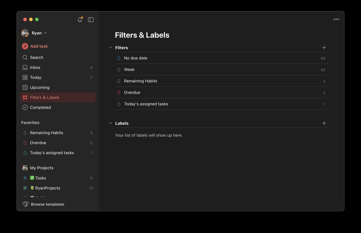 A todoist window showing the filters and tags pane