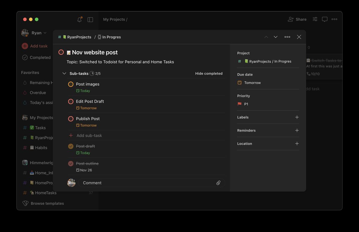 A todoist task window, showing a task for this post with subtasks