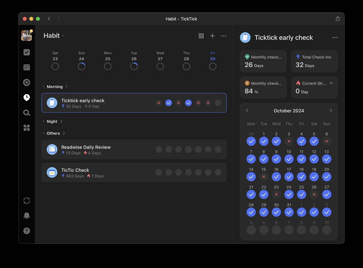 A window showing the TickTick habit tracker