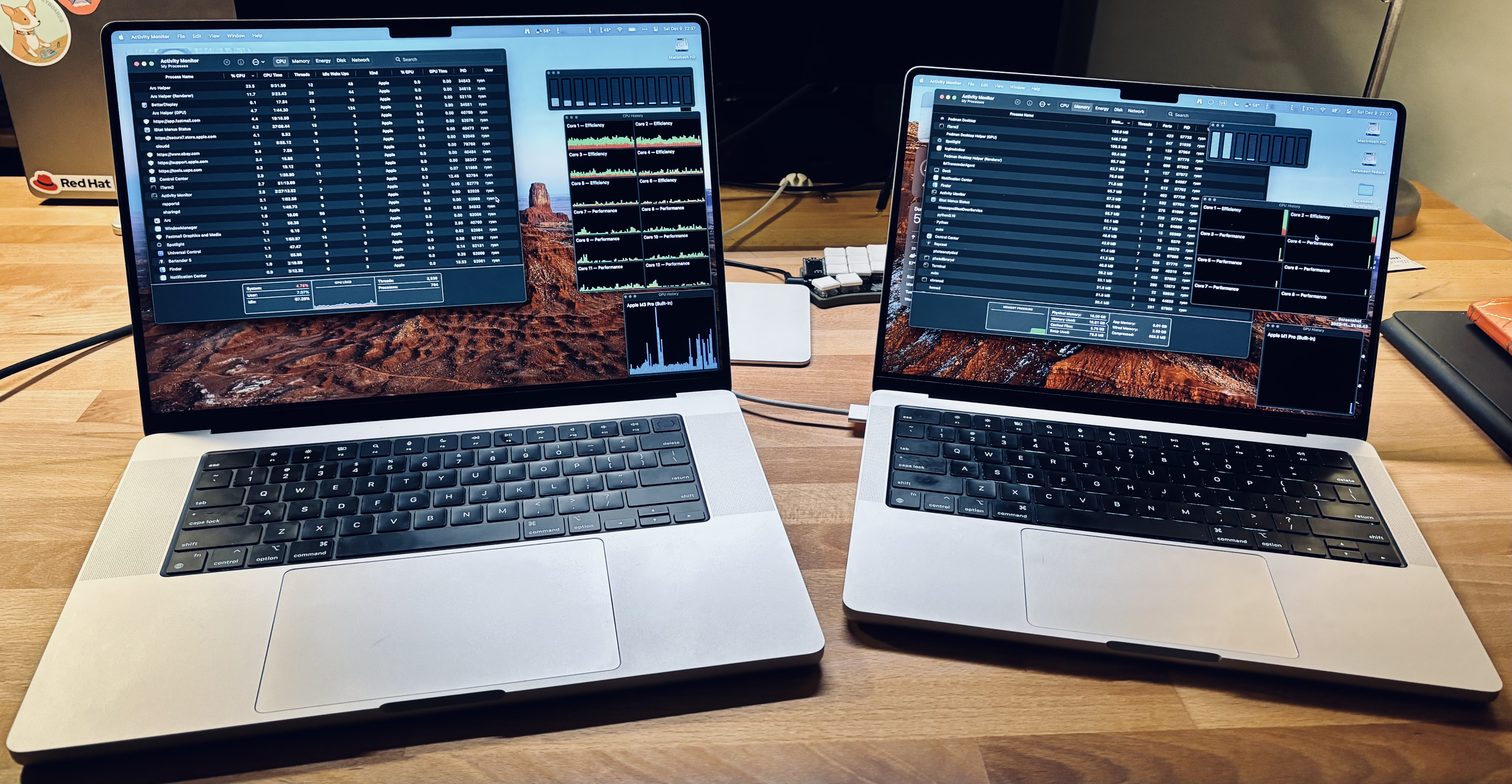16" M3 Pro MBP on left and 14" M1 Pro MBP on right