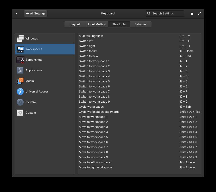 Elementary keyboard shortcut settings