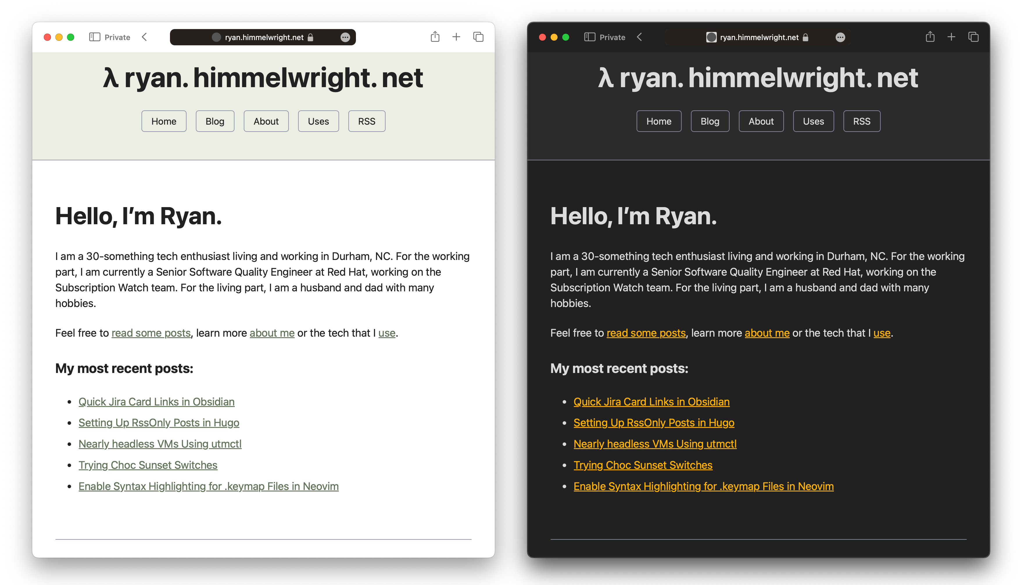 Two windows of the website: light theme on left and dark theme on the right