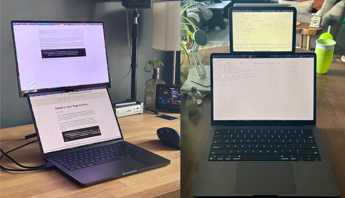 Two images, each with a laptop and a small or larger screen above it